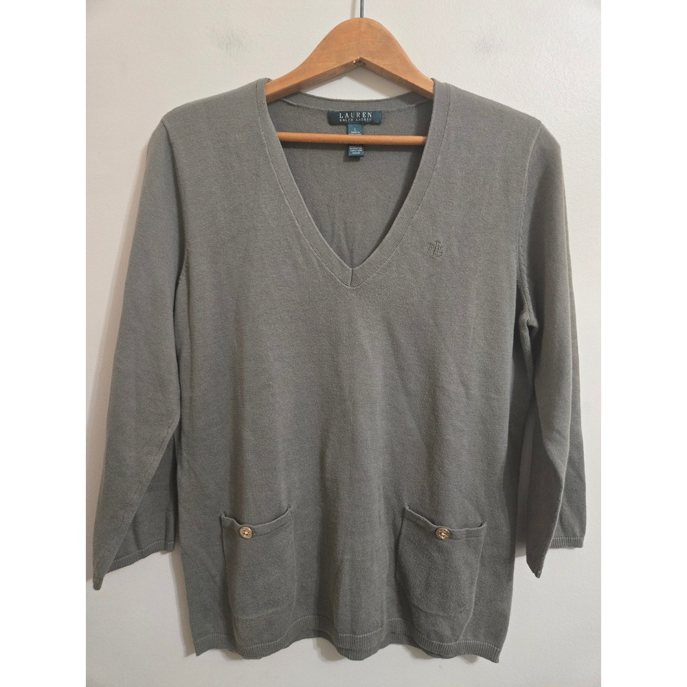 Lauren Ralph Lauren Womens L Gray V-Neck Knit Tunic Sweater 3/4 Sleeve Pockets